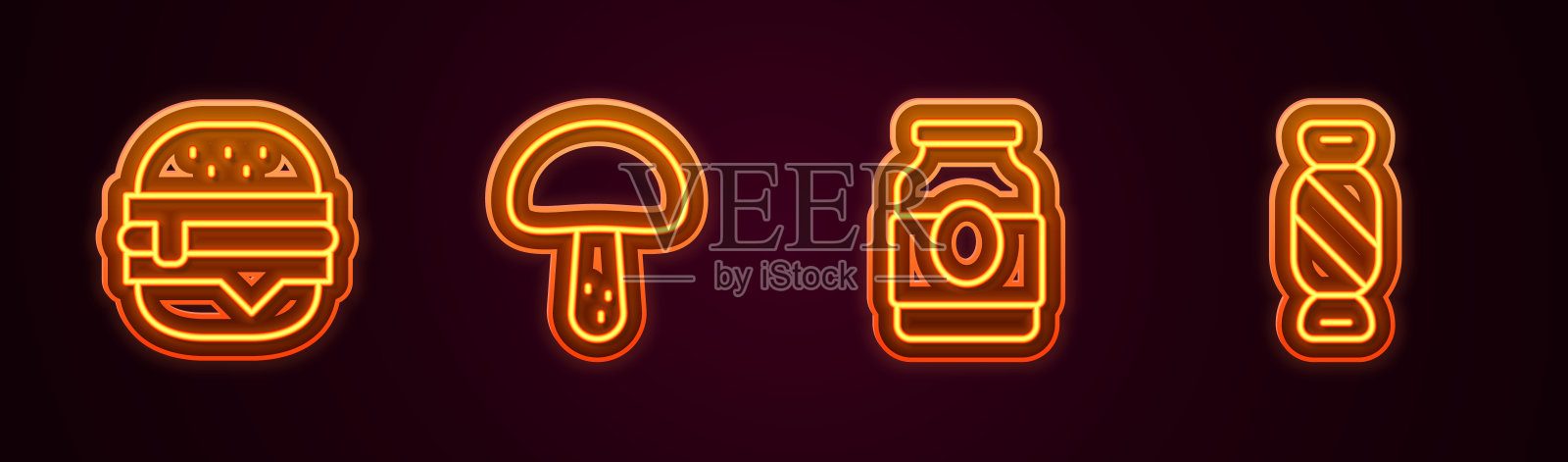 设汉堡，蘑菇，果酱罐和糖果。发光的霓虹灯图标。向量插画图片素材