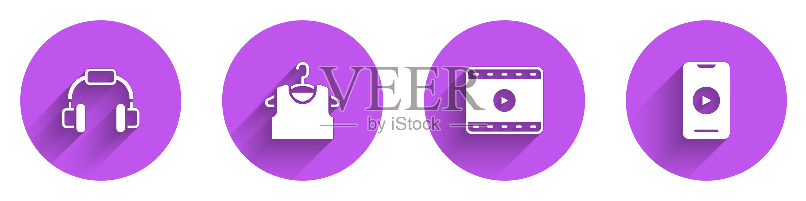 设置耳机，无袖t恤，播放视频和在线播放视频图标长阴影。向量插画图片素材