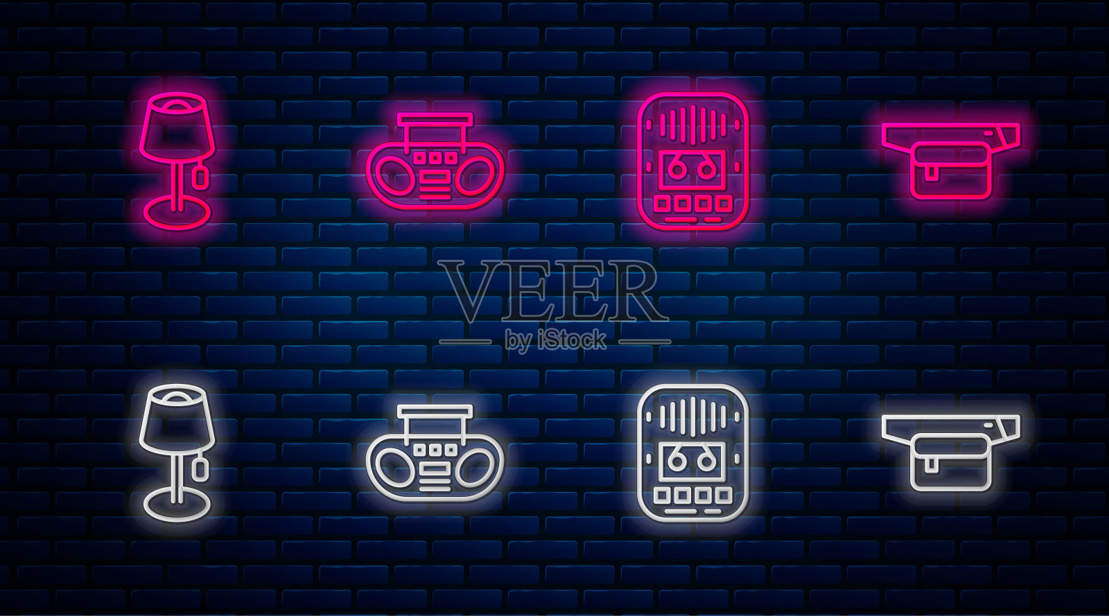 有两个扬声器的家庭立体声，盒式磁带机，落地灯和香蕉腰袋。砖墙上发光的霓虹灯图标。向量插画图片素材