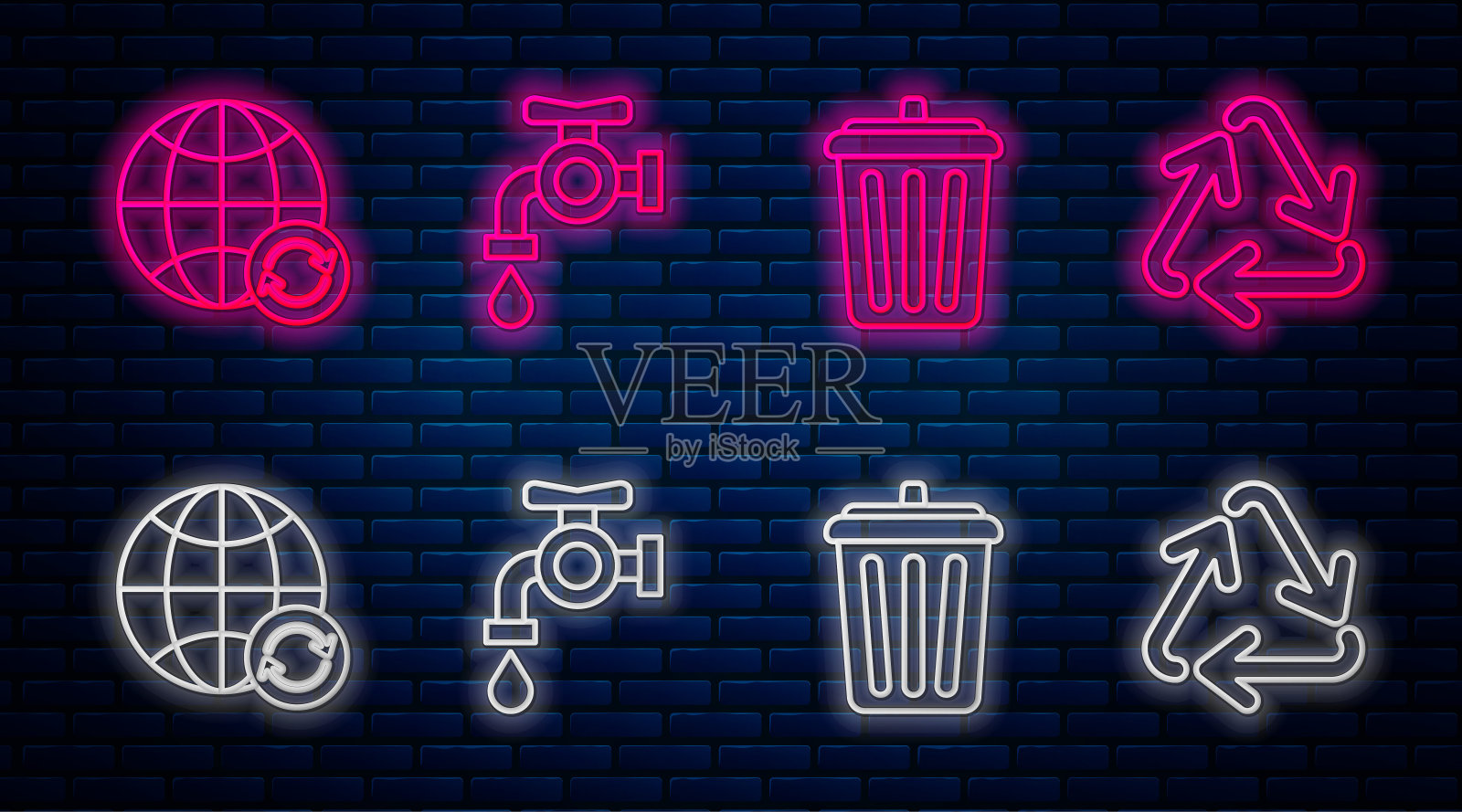 设置线水龙头，垃圾桶，地球和回收和回收的标志。砖墙上发光的霓虹灯图标。向量插画图片素材