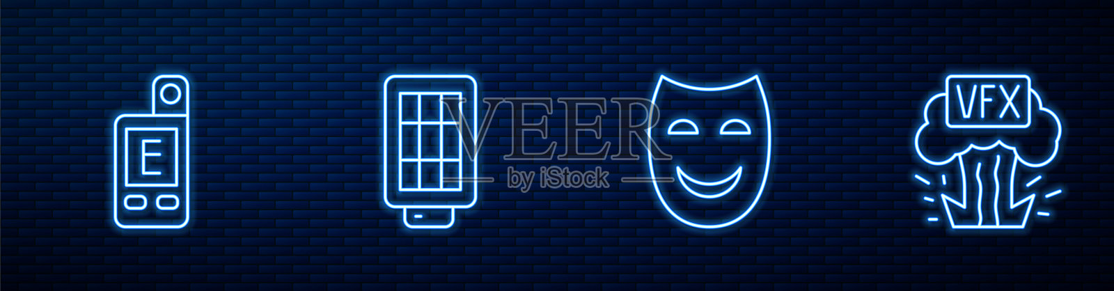 集线喜剧戏剧面具，光度计，软箱光和视觉特效。砖墙上发光的霓虹灯图标。向量插画图片素材