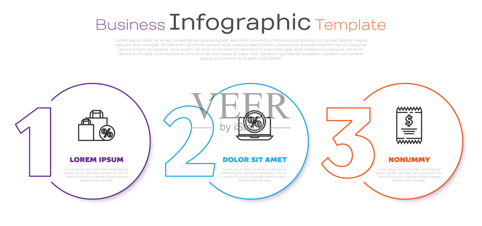设置购物袋折扣，九折折扣，笔记本电脑，纸质支票和财务支票。业务信息图表模板。向量插画图片素材