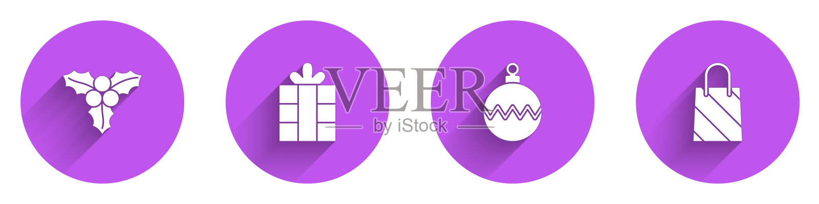 集枝荚，礼品盒，圣诞球和购物袋图标长影子。向量插画图片素材