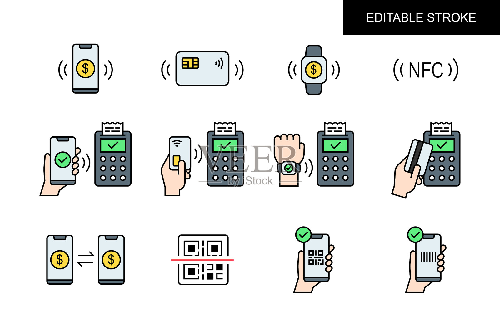 一组与支付方式相关的彩色图标。网上银行，非接触式支付。可编辑的中风。矢量图插画图片素材