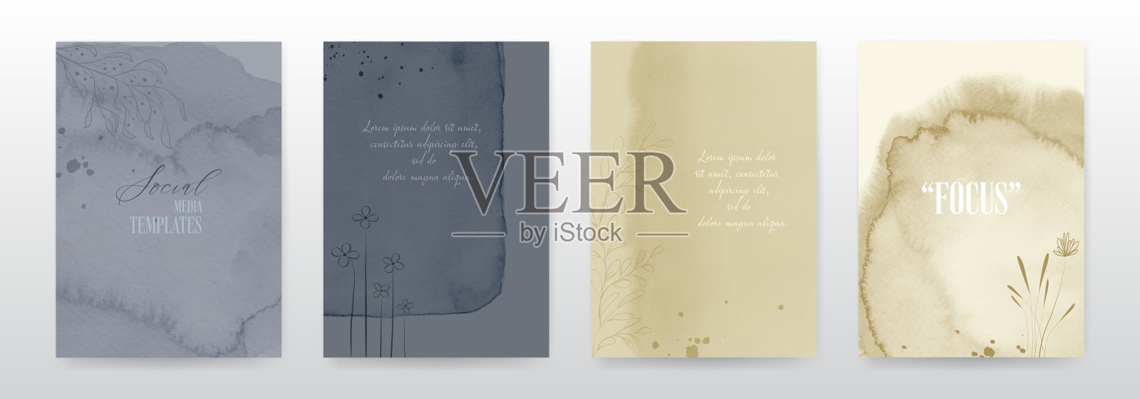 一组最小的背景框架与手绘花和树叶。插画图片素材