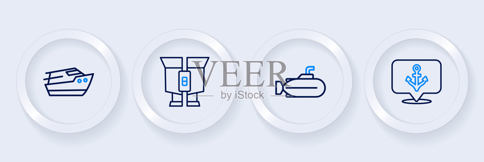 锚，潜艇，双筒望远镜和快艇图标。向量插画图片素材