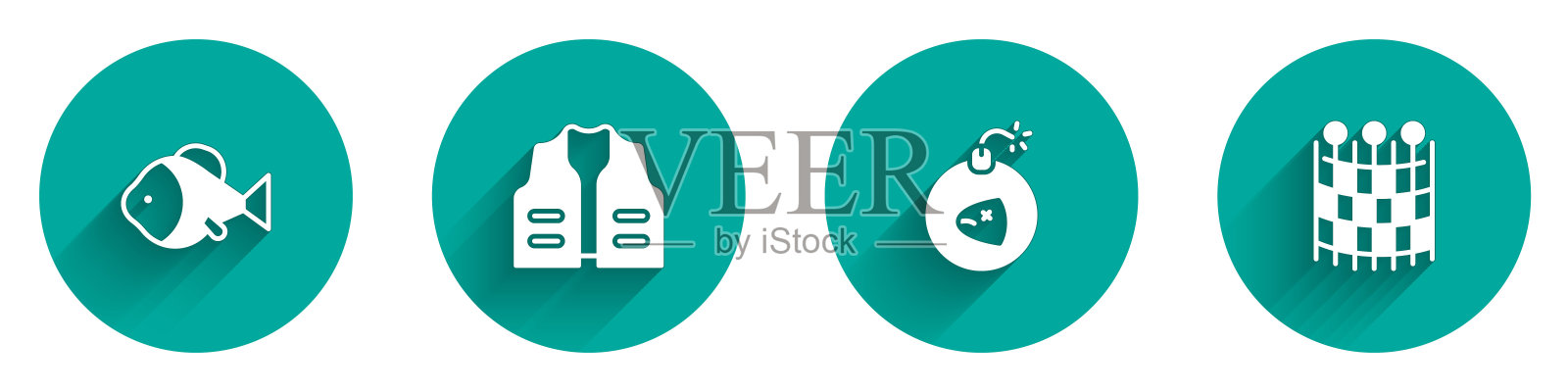 集鱼，钓鱼夹克，炸弹和网图案图标与长阴影。向量插画图片素材