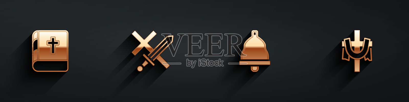 集圣经书，十字军东征，教堂钟和基督教十字架图标长阴影。向量插画图片素材