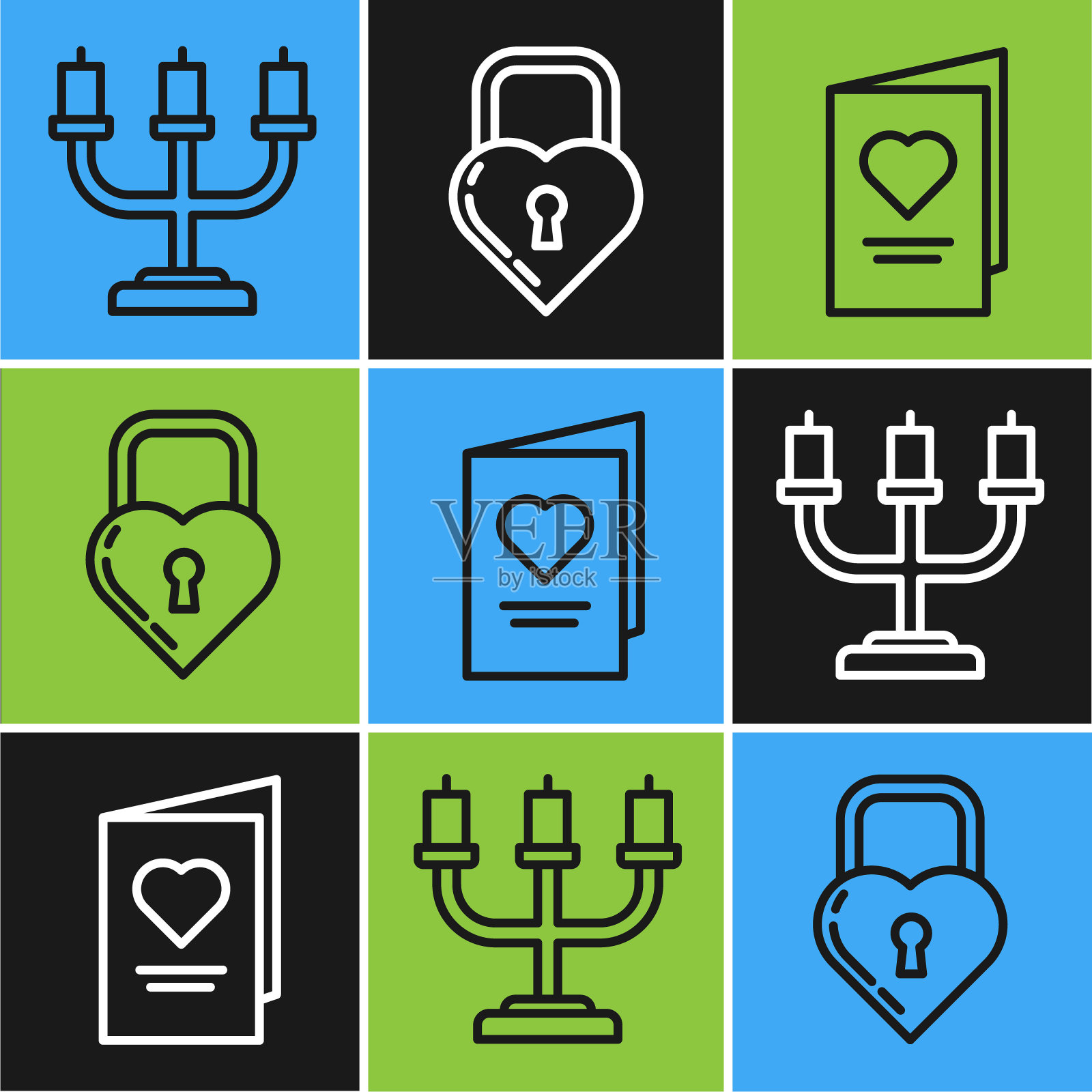 集线烛台，情人节派对传单与心脏和城堡的形状的心脏图标。向量插画图片素材