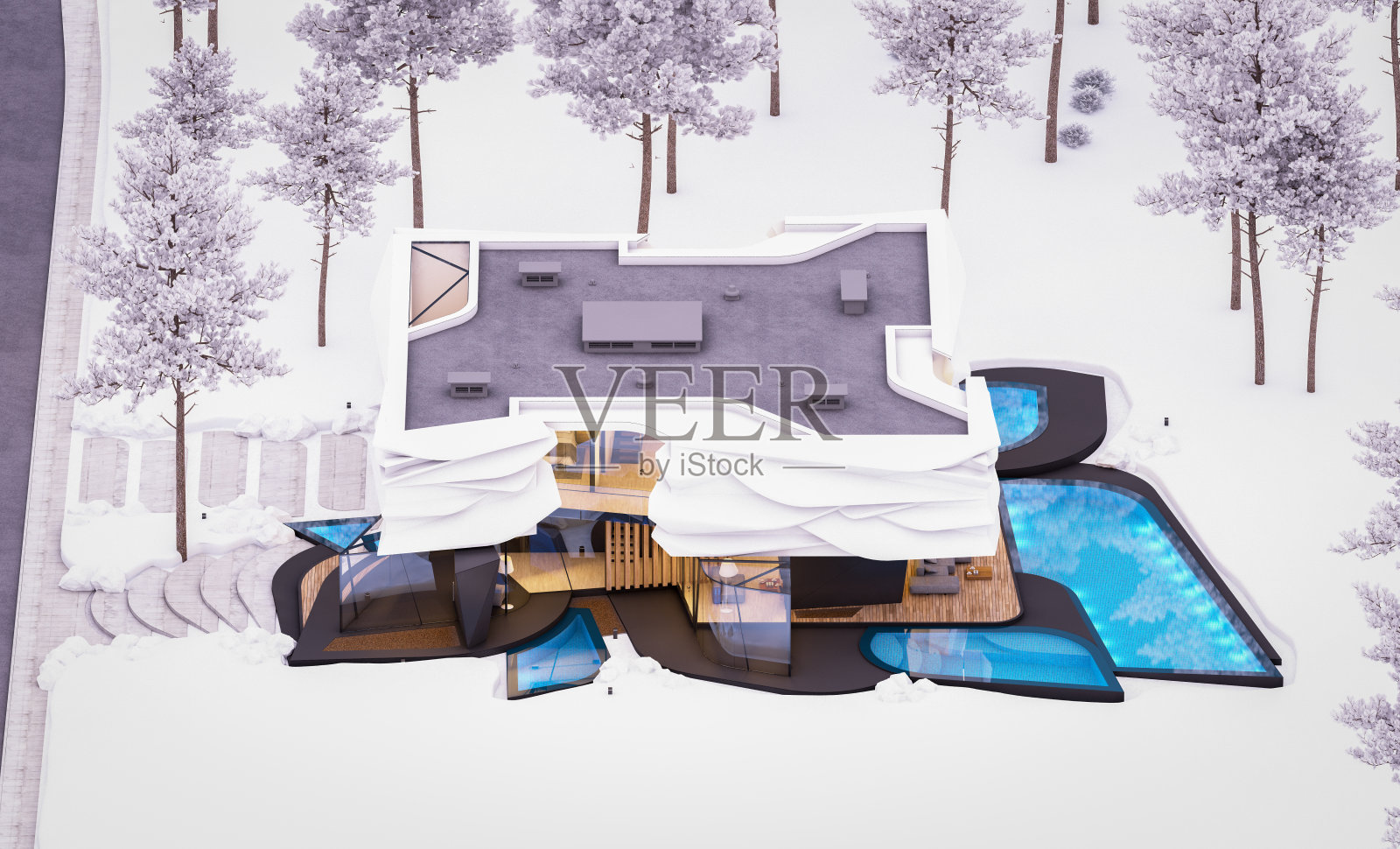 冬季夜晚具有仿生曲线的现代住宅3D效果图照片摄影图片