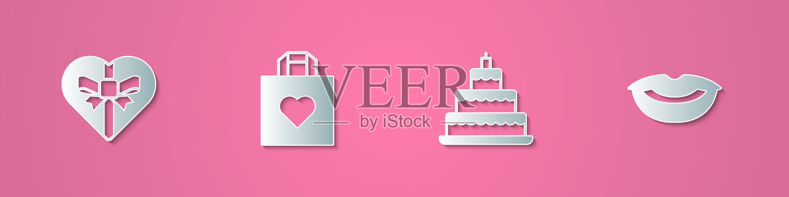 集剪纸糖果在心形盒子，购物袋，婚礼蛋糕和微笑的嘴唇图标。纸艺风格。向量插画图片素材