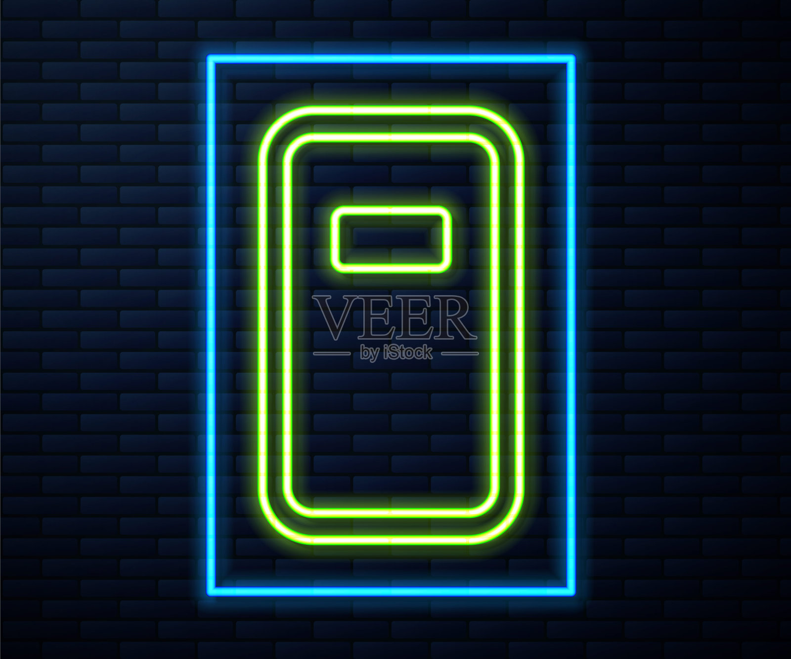 发光的霓虹灯线警察突击盾牌图标孤立的砖墙背景。向量插画图片素材