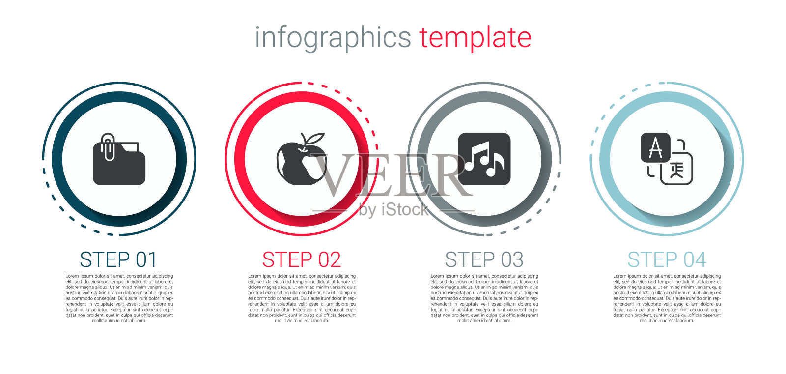 设置文档文件夹与剪辑，苹果，音乐笔记，音调和翻译。业务信息图表模板。向量插画图片素材