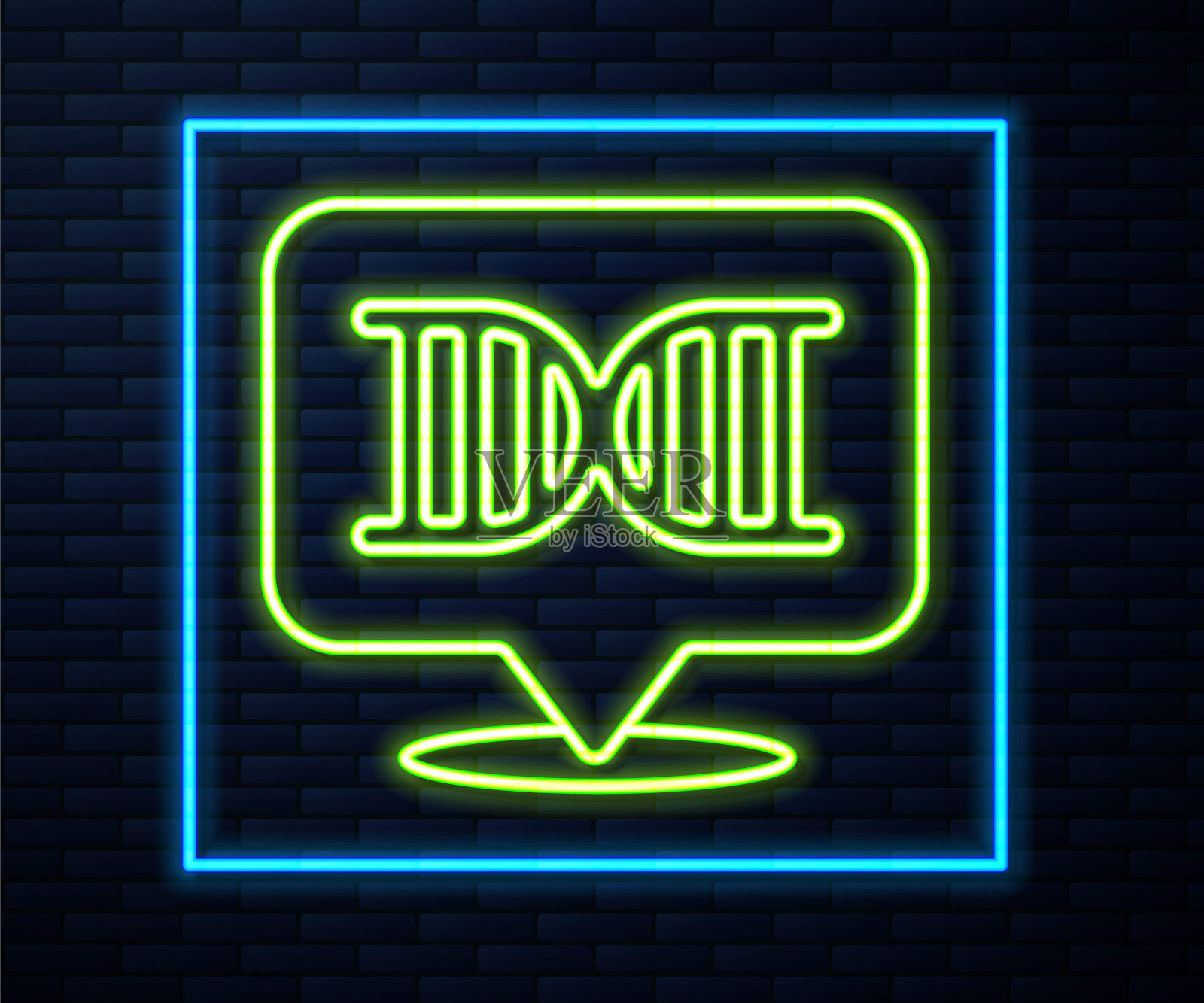 发光的霓虹灯线DNA符号图标隔离在砖墙背景。向量插画图片素材