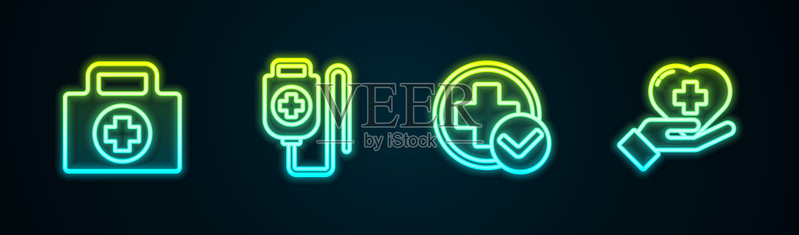 准备好急救箱，静脉输液袋，十字医院医疗用品和十字心脏。发光的霓虹灯图标。向量插画图片素材