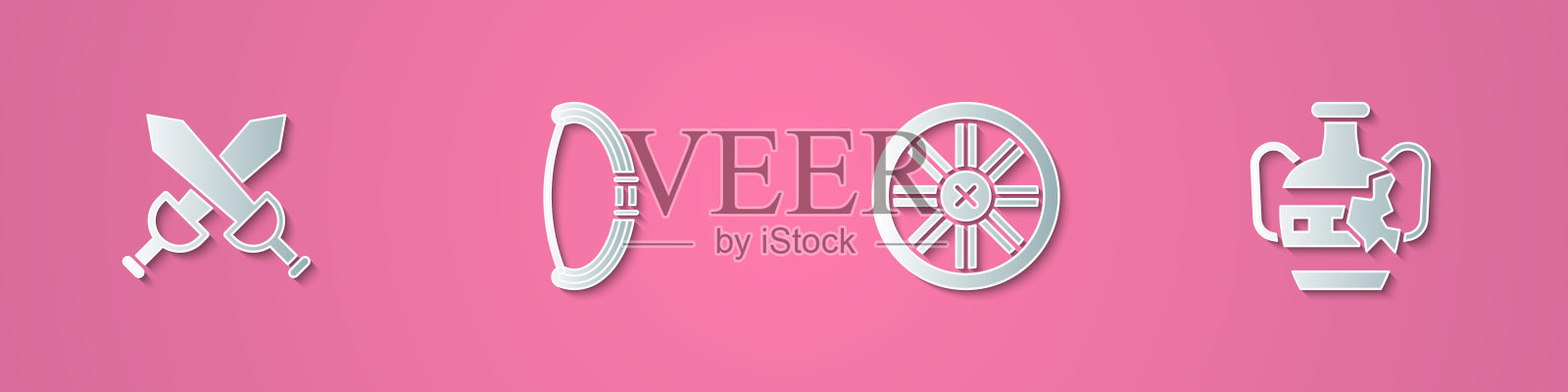 集剪纸交叉中世纪剑，中世纪弓，旧木轮和破碎的双耳陶罐图标。纸艺风格。向量插画图片素材