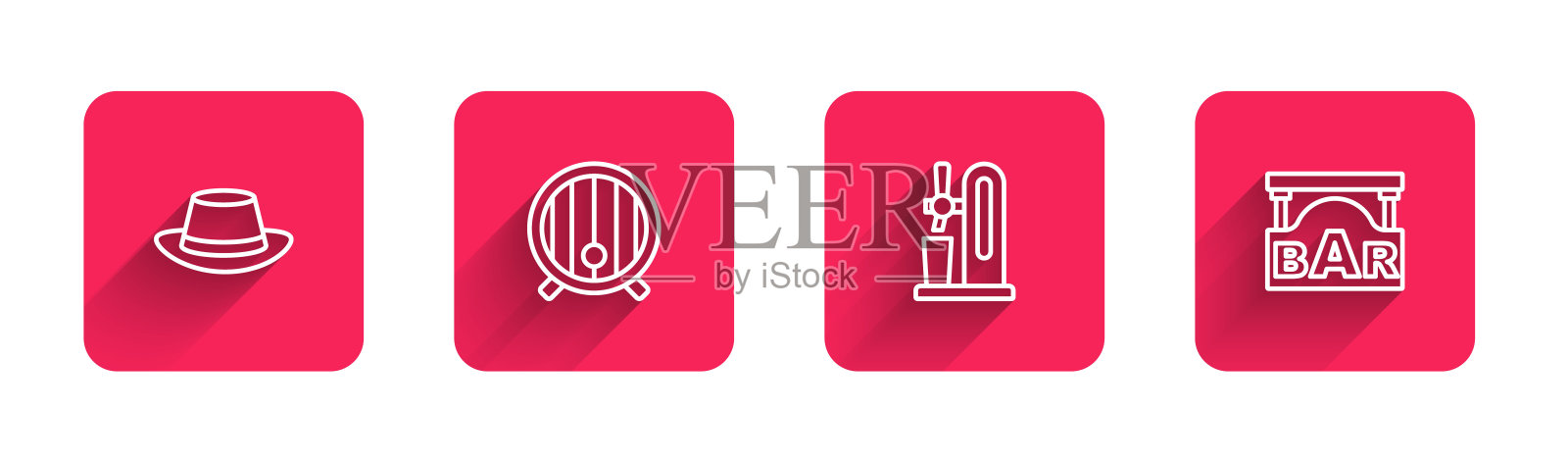 设置啤酒节帽，木桶，玻璃啤酒龙头和街道招牌酒吧长影子。红色方块按钮。向量插画图片素材