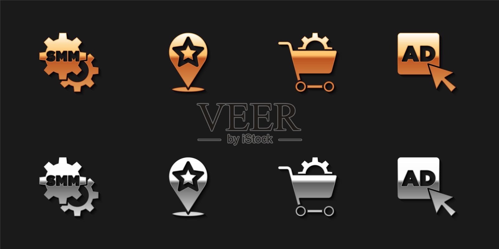 设置社交媒体营销，地图指针与星星，购物车和广告图标。向量插画图片素材