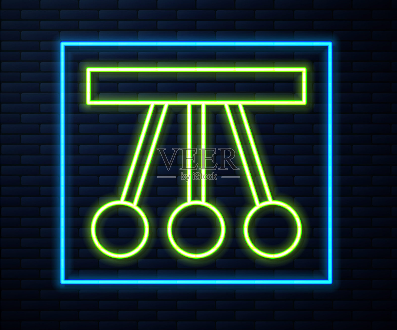 发光的霓虹灯线钟摆图标孤立的砖墙背景。牛顿的摇篮。向量插画图片素材