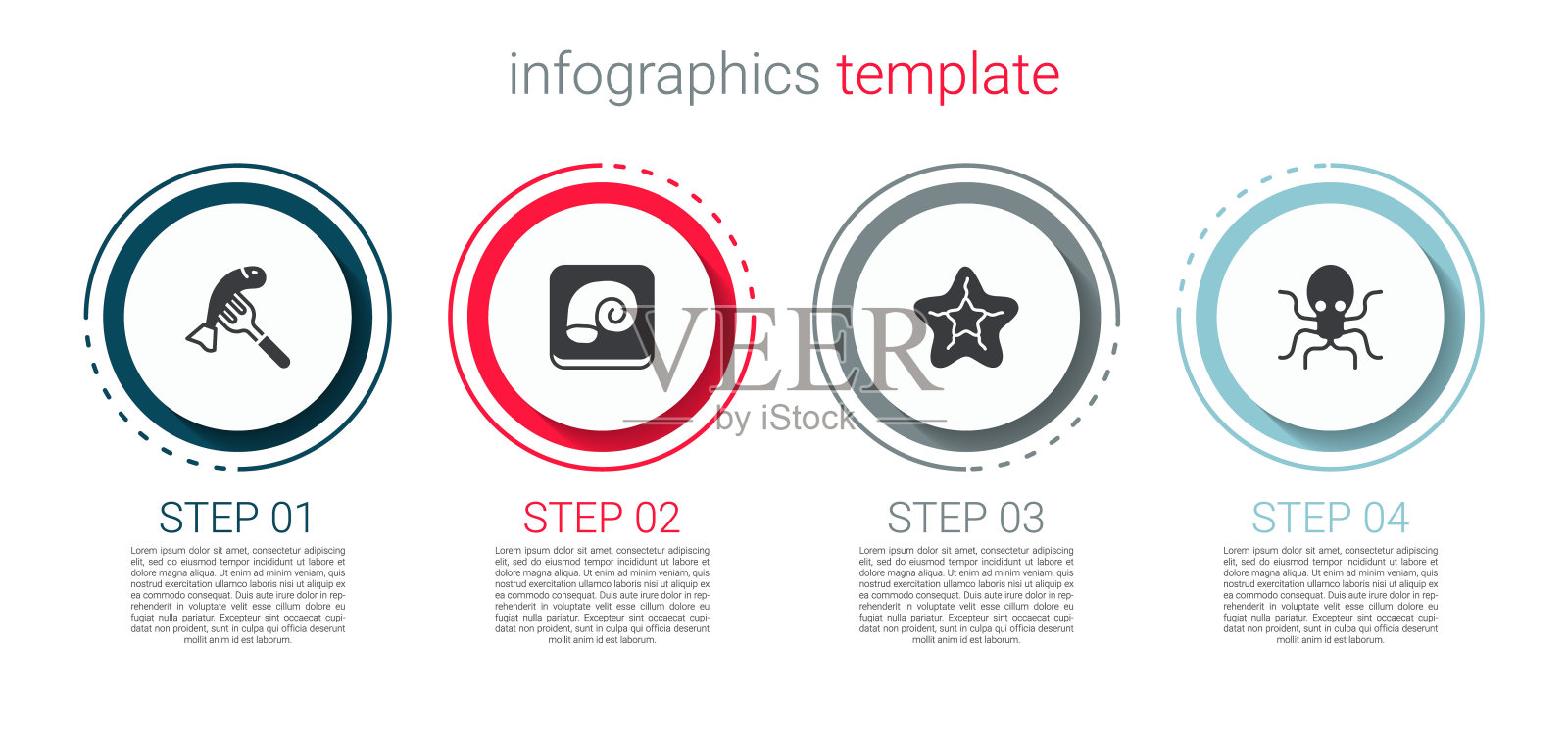 餐盘上的鱼，章鱼，海星和。业务信息图表模板。向量插画图片素材