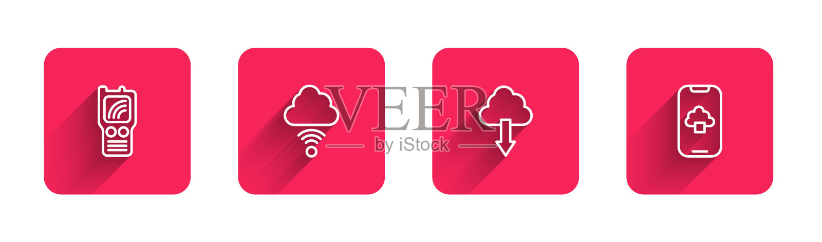 设置线路对讲机，网络云连接，云下载和技术数据长影。红色方块按钮。向量插画图片素材