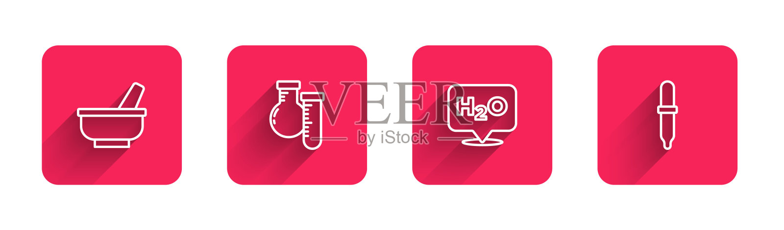 固定线臼和杵，试管烧瓶，H2O的化学式和长阴影移液管。红色方块按钮。向量插画图片素材