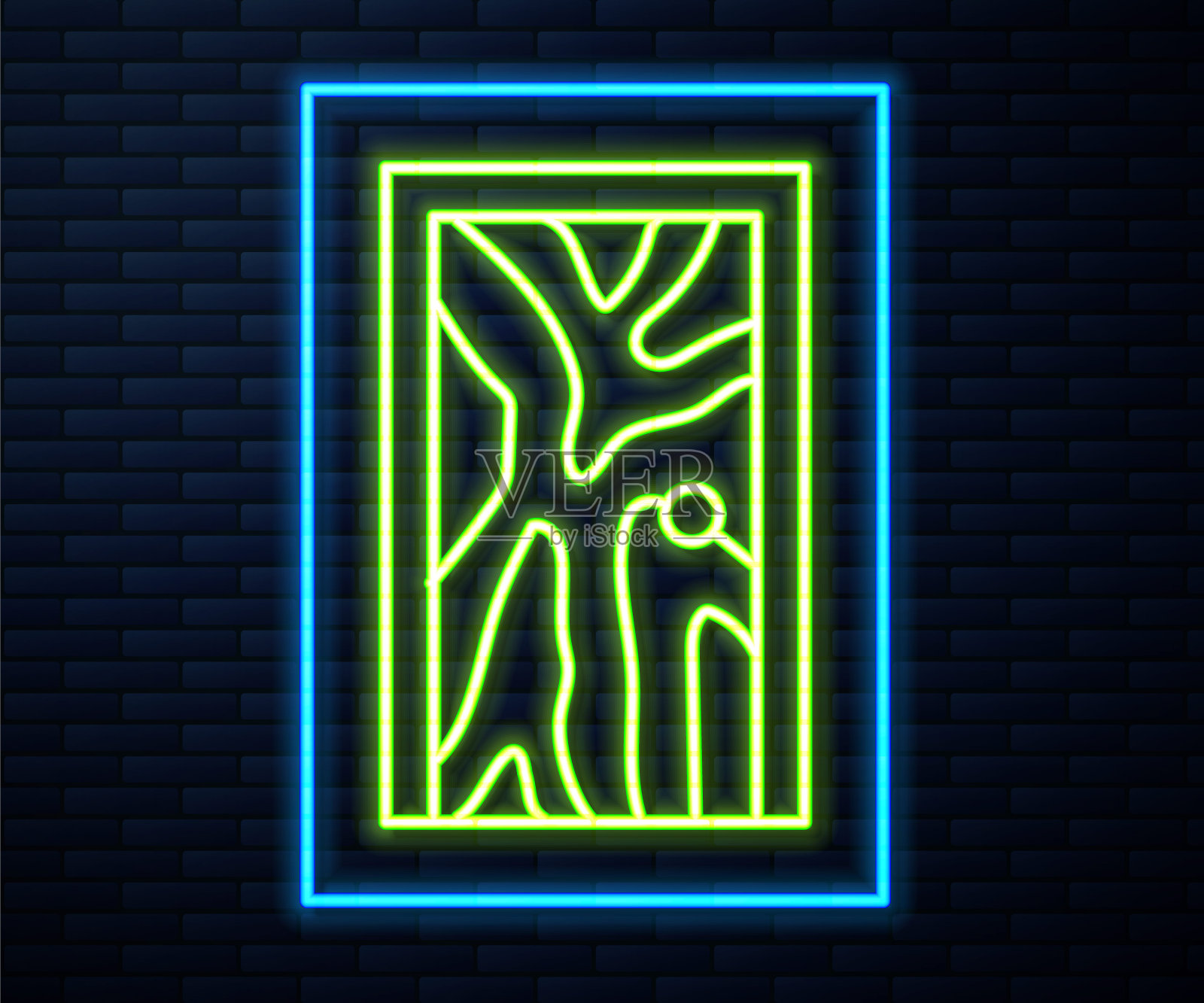 发光的霓虹灯线关闭的门图标孤立的砖墙背景。向量插画图片素材