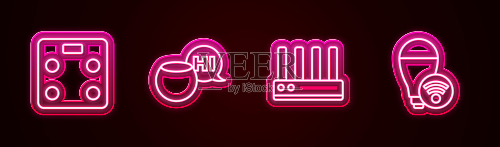 设置线路智能浴室秤，语音助手，路由器和wi-fi信号和灯泡。发光的霓虹灯图标。向量插画图片素材