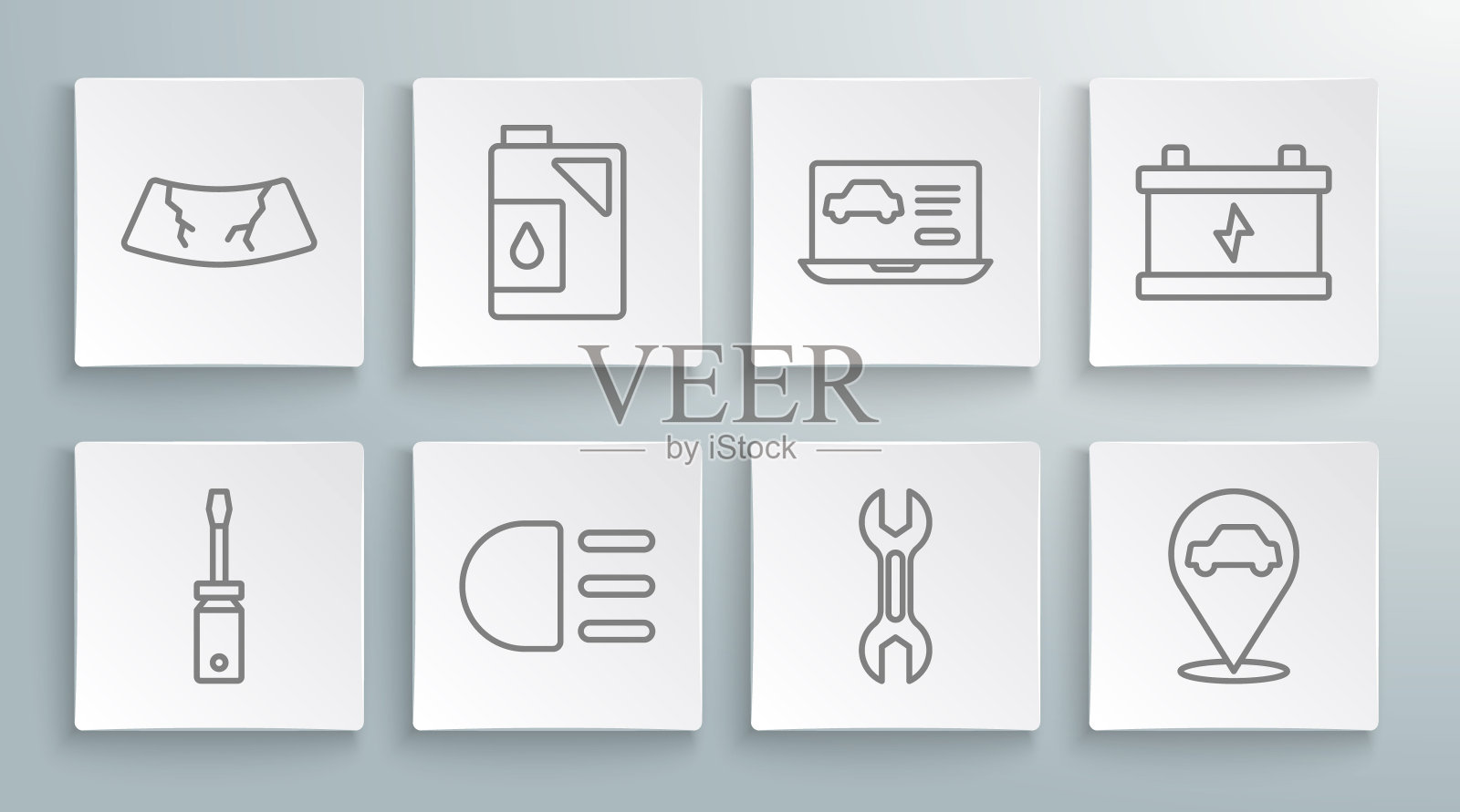 设置线螺丝刀，油箱机油，远光灯，扳手，位置与汽车服务，诊断条件，汽车电池和破碎的挡风玻璃图标。向量插画图片素材