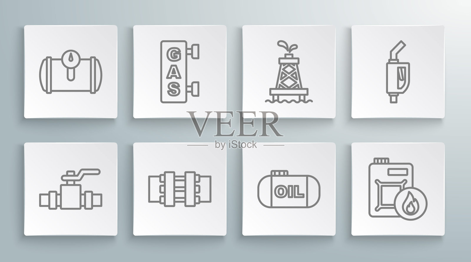 金属管道和阀门，加油站，储油罐，机油罐，钻机，汽油泵喷嘴和车辆图标。向量插画图片素材