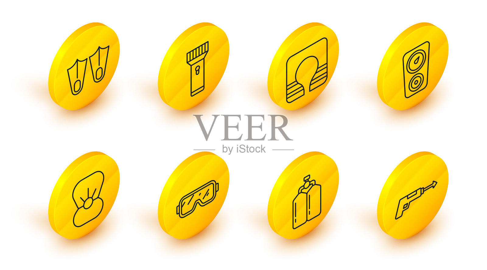 设线钓鱼鱼叉，潜水器，潜水面具，贝壳与珍珠，测量尺度，救生衣，手电筒和橡胶鳍图标。向量插画图片素材