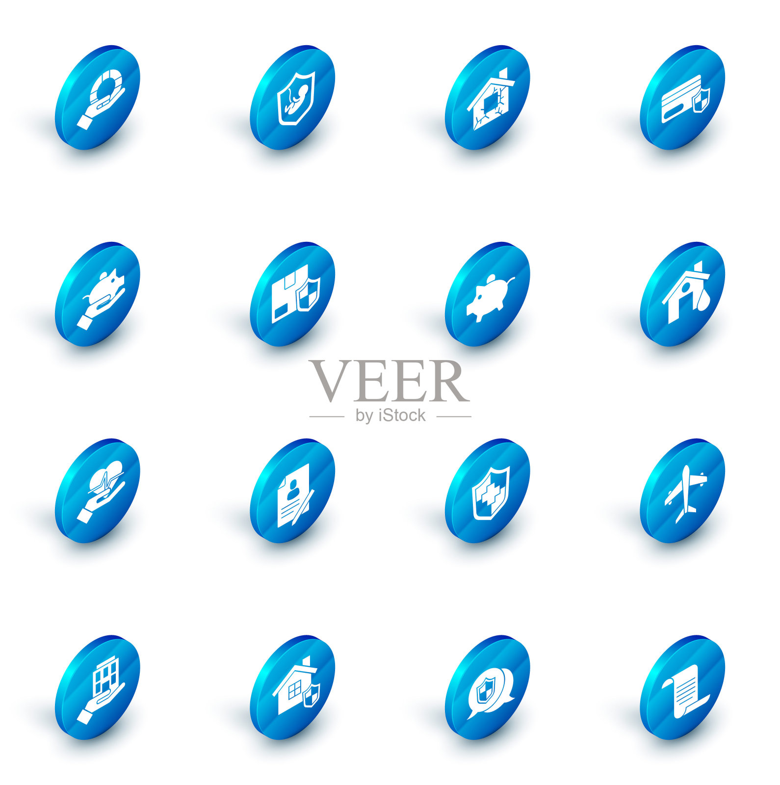 设置人寿保险盾牌，房子，信用卡，扑满手，交付安全，洪水和图标。向量插画图片素材