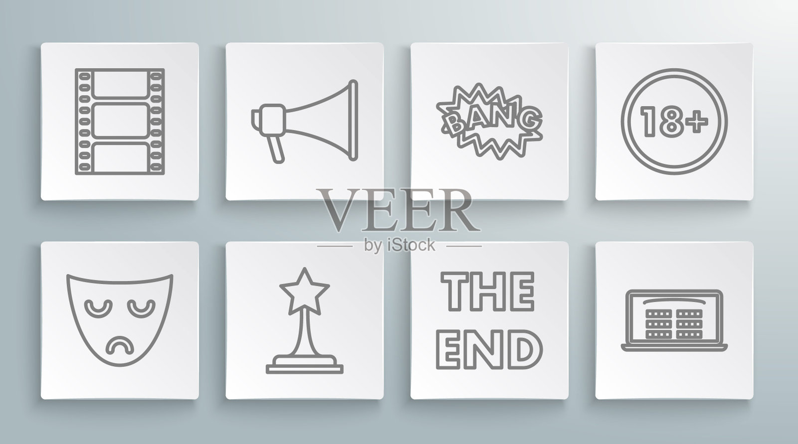 集线戏剧戏剧面具，扩音器，电影奖杯，结束手写题词，在线购买电影票，Bang boom文字演讲气泡气球，18岁以下和播放视频图标。向量插画图片素材