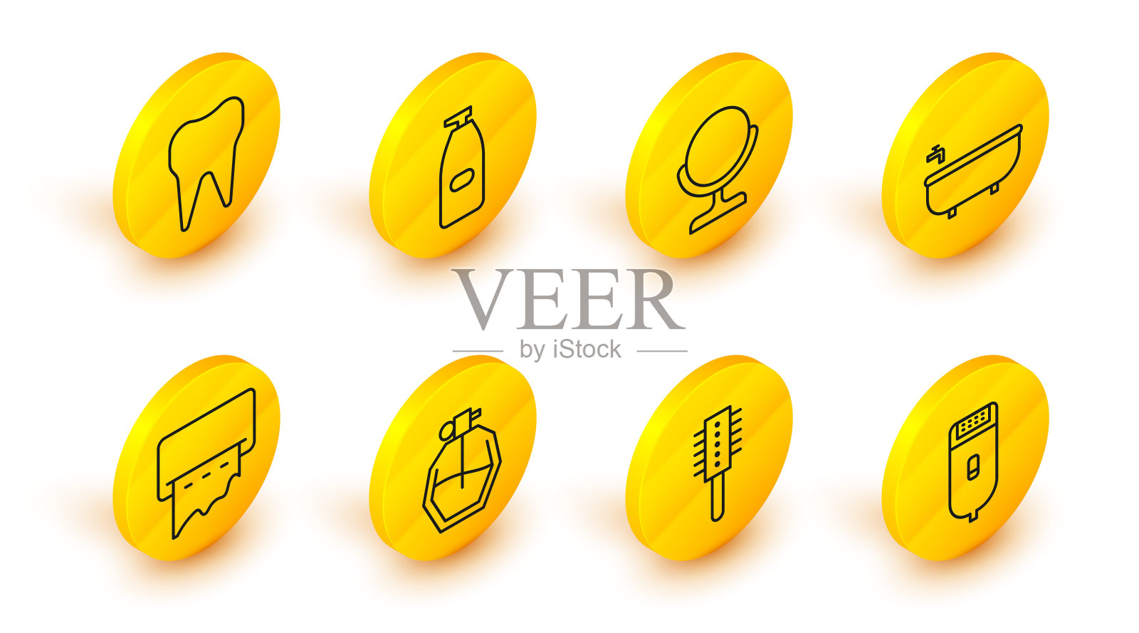 电动理发器或剃须刀，发刷，香水，墙上的纸巾分配器，浴缸，圆化妆镜，一瓶液体抗菌肥皂和牙齿图标。向量插画图片素材