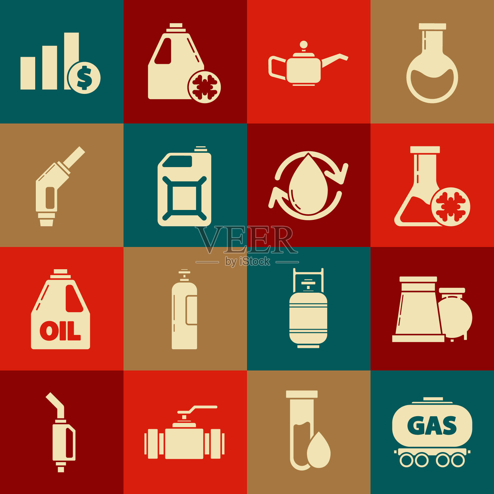 燃气铁路罐车、防冻液试管、机油罐、汽油、汽油泵喷嘴、饼图信息图美元和液滴图标矢量图插画图片素材