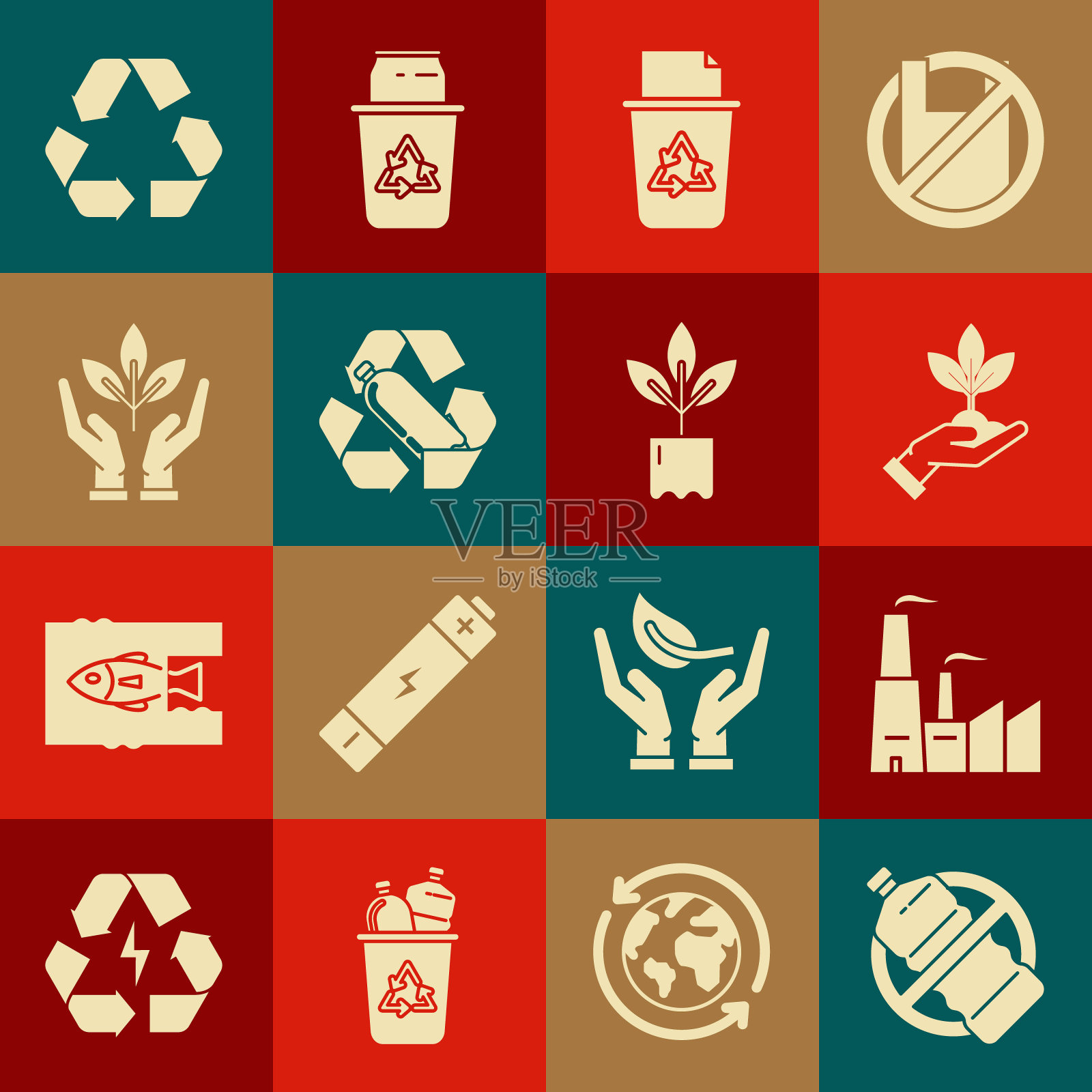 设置无塑料瓶，工厂，工厂手中的环保，回收站与回收标志，回收，和图标。向量插画图片素材