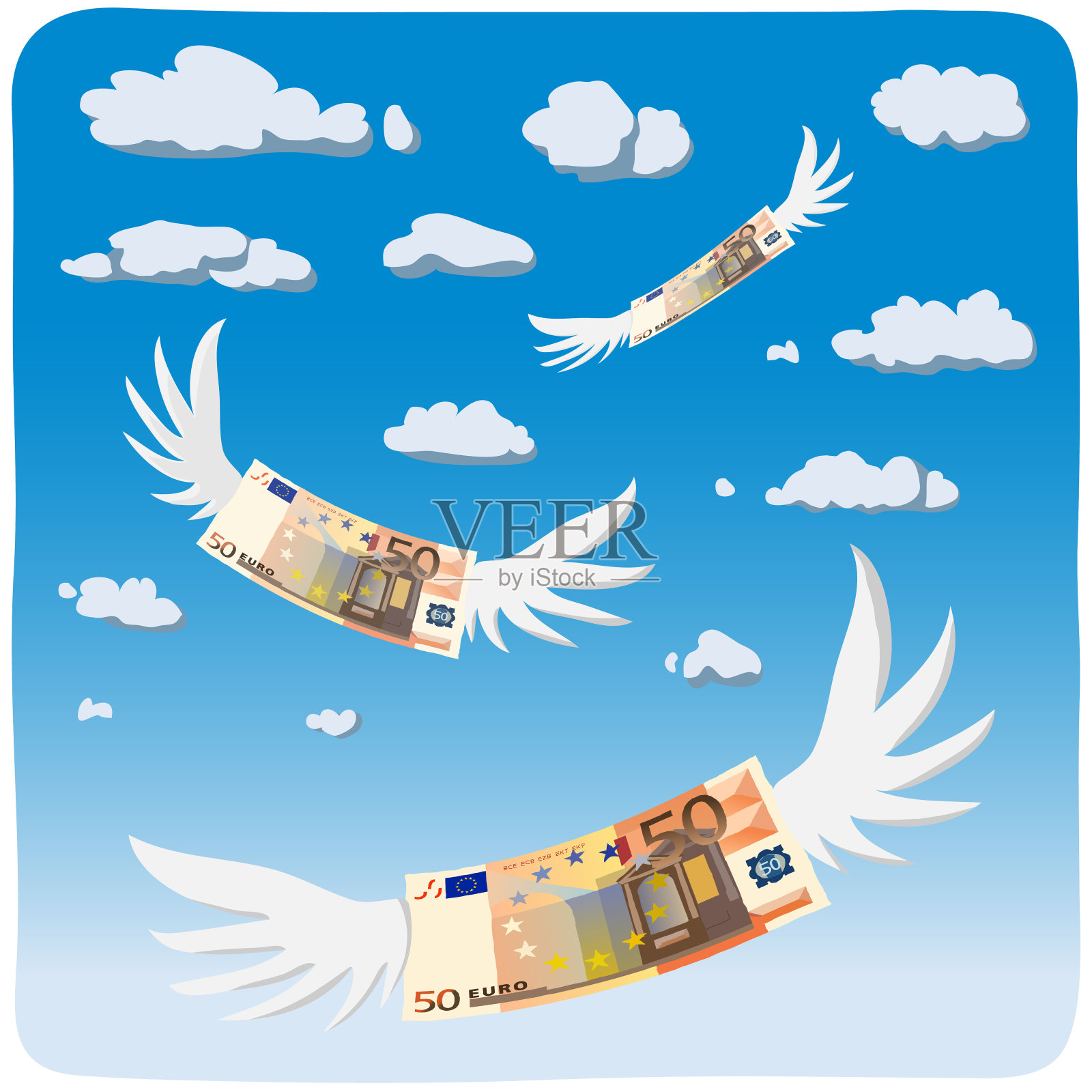 带翅膀的钱，五十欧元钞票，矢量插图插画图片素材