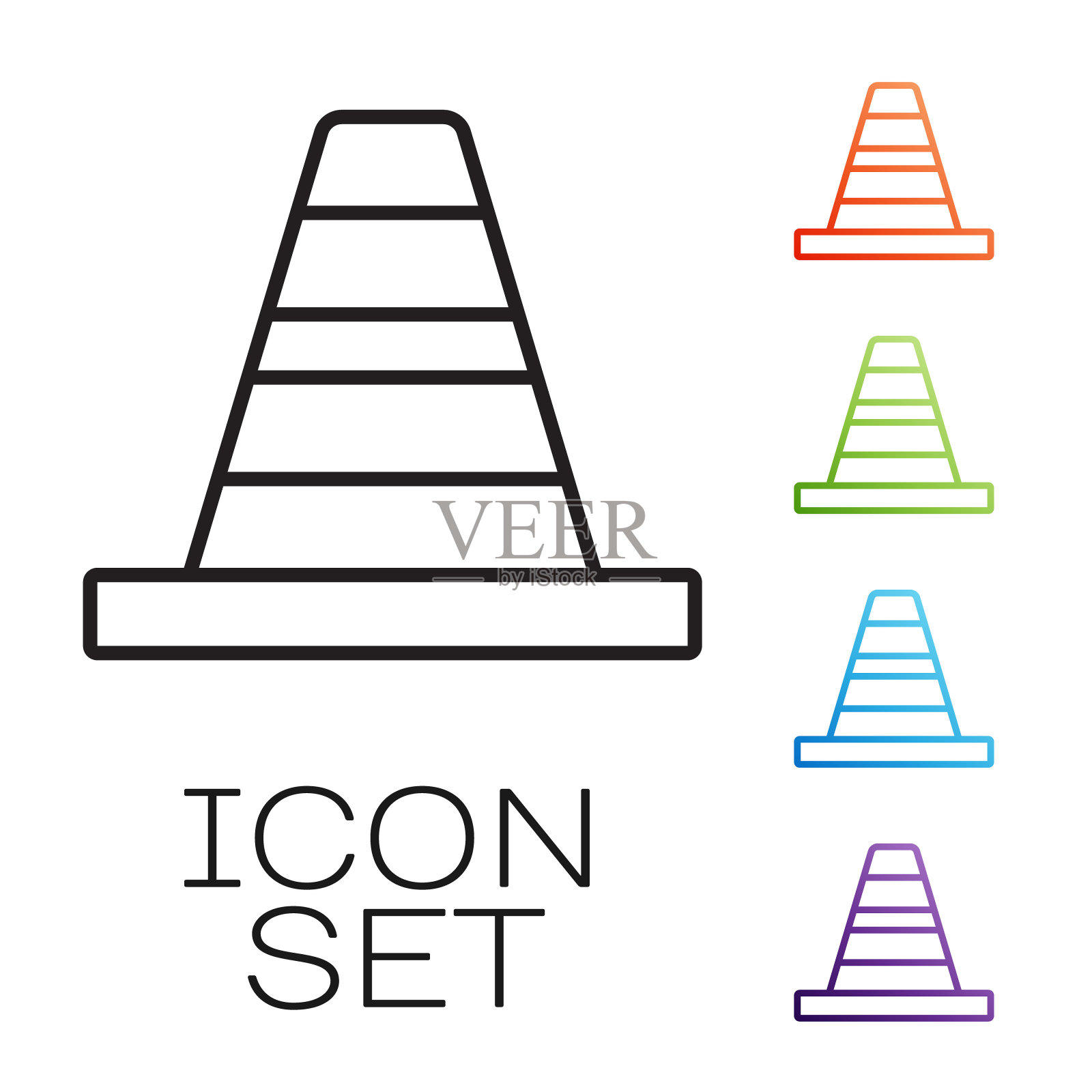 黑线交通锥图标孤立在白色背景。设置图标彩色。向量插画图片素材