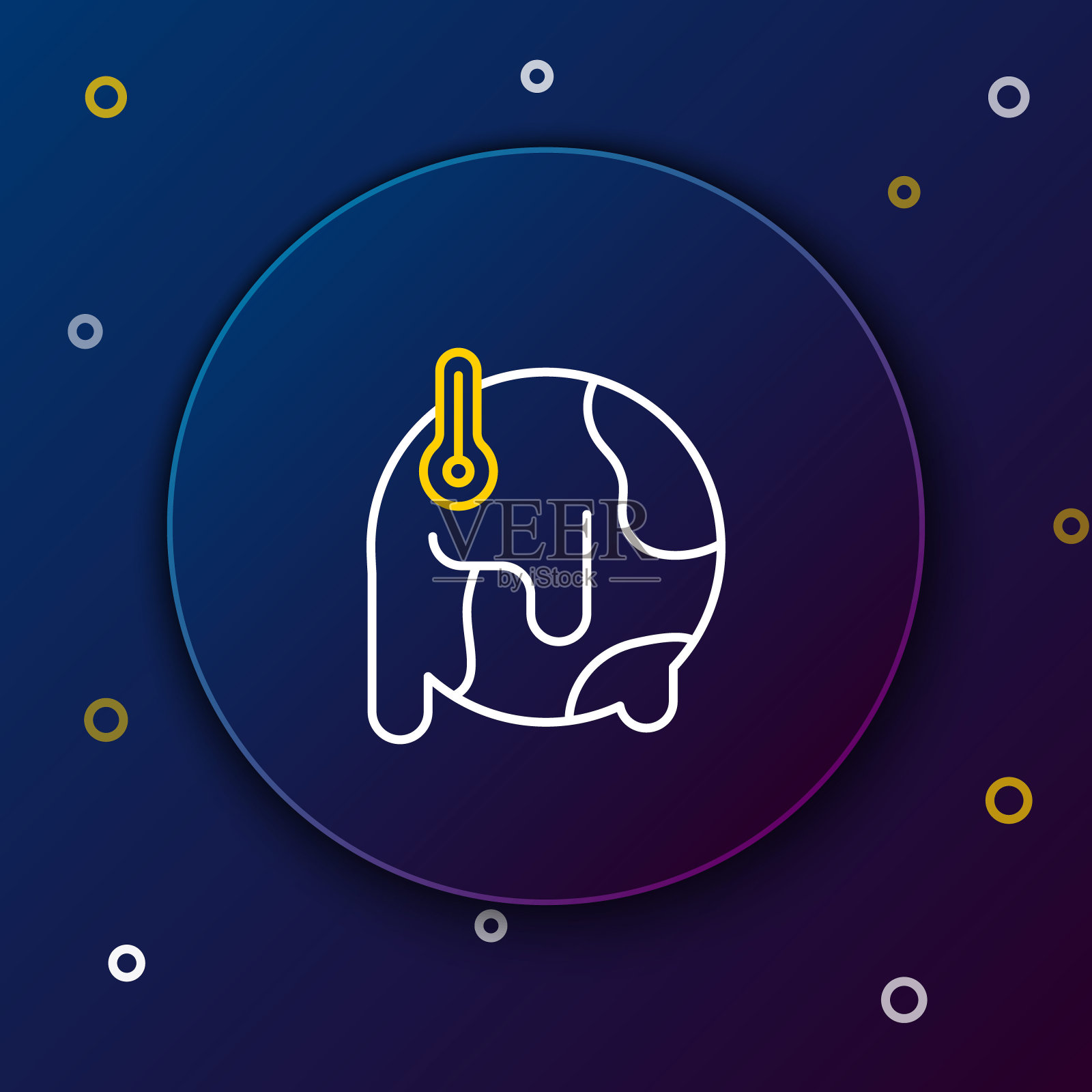 行星地球融化到全球变暖图标孤立的蓝色背景。生态问题和解决方案-温度计。色彩缤纷的轮廓概念。向量插画图片素材