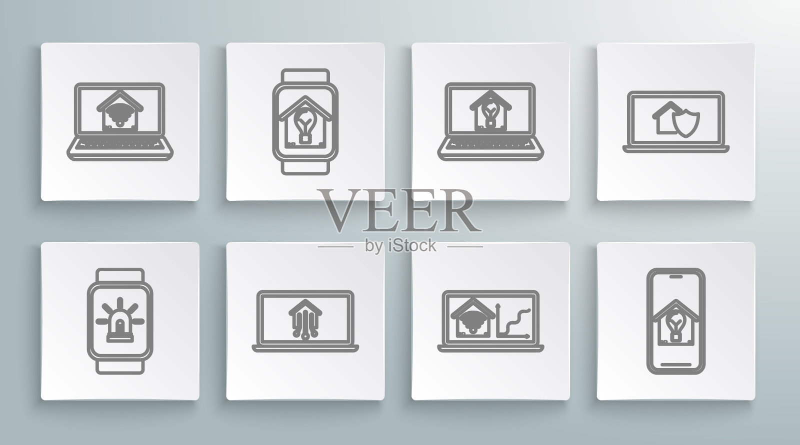 设置线智能手表，智能家居和报警，灯泡，笔记本电脑家庭，wi-fi，手机，保护和图标。向量插画图片素材