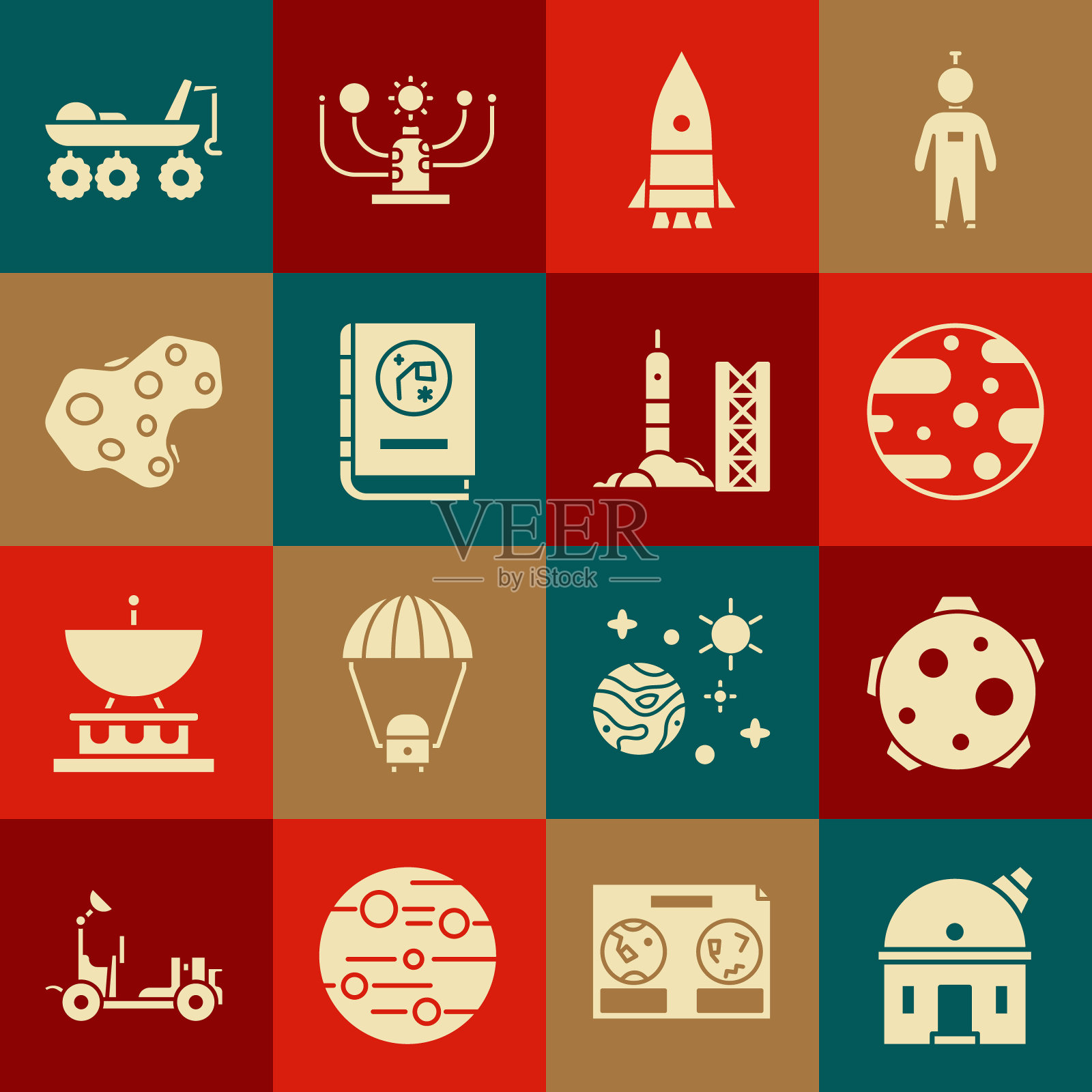 集天文台，行星，火星，火箭船，书的天文学，小行星，漫游者和发射从太空港图标。向量插画图片素材