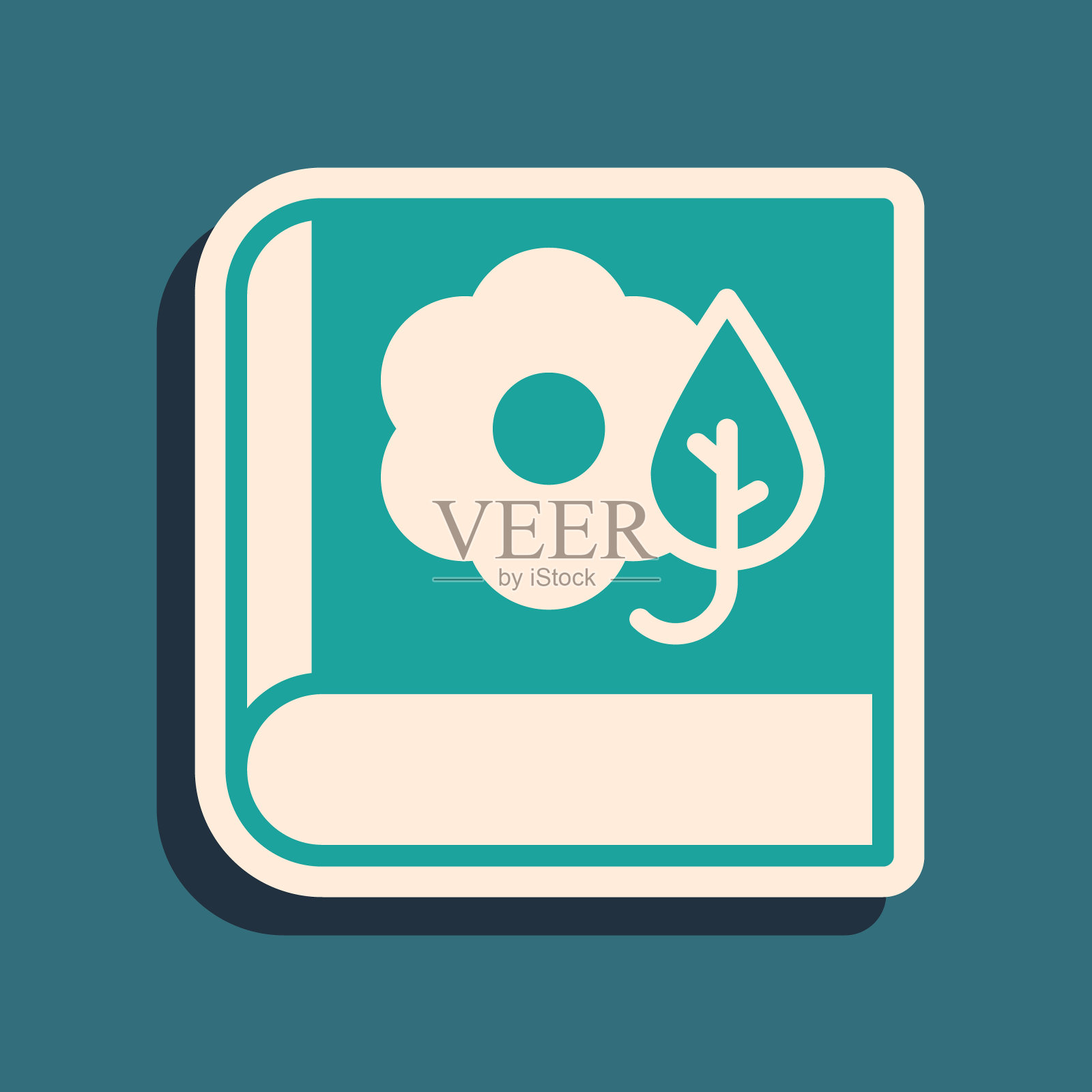 绿色植物标本室图标隔离在绿色背景。书里的干叶子。长影式。向量插画图片素材