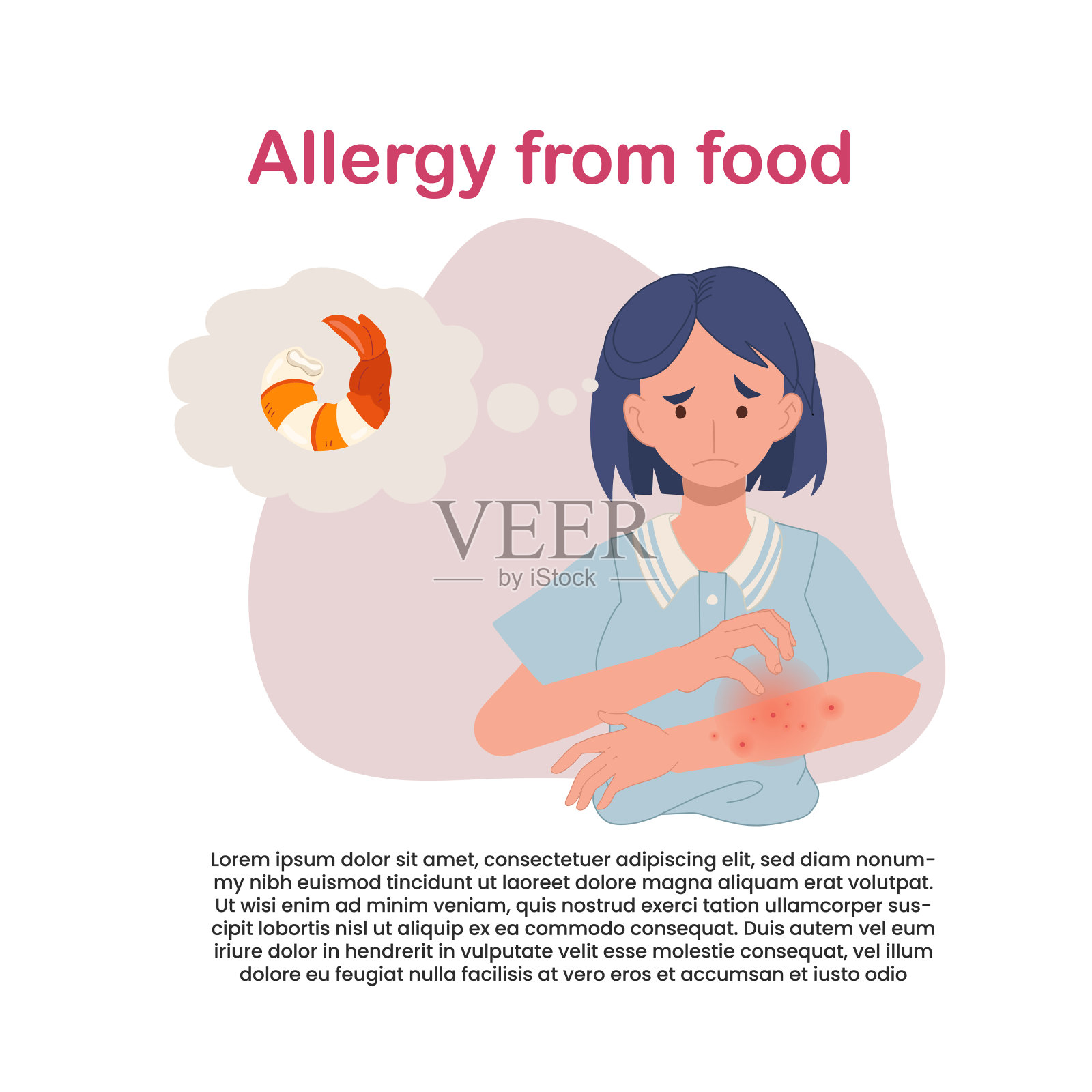 海鲜过敏反应。手臂上有发痒红疹的女人。过敏性皮肤问题插画图片素材