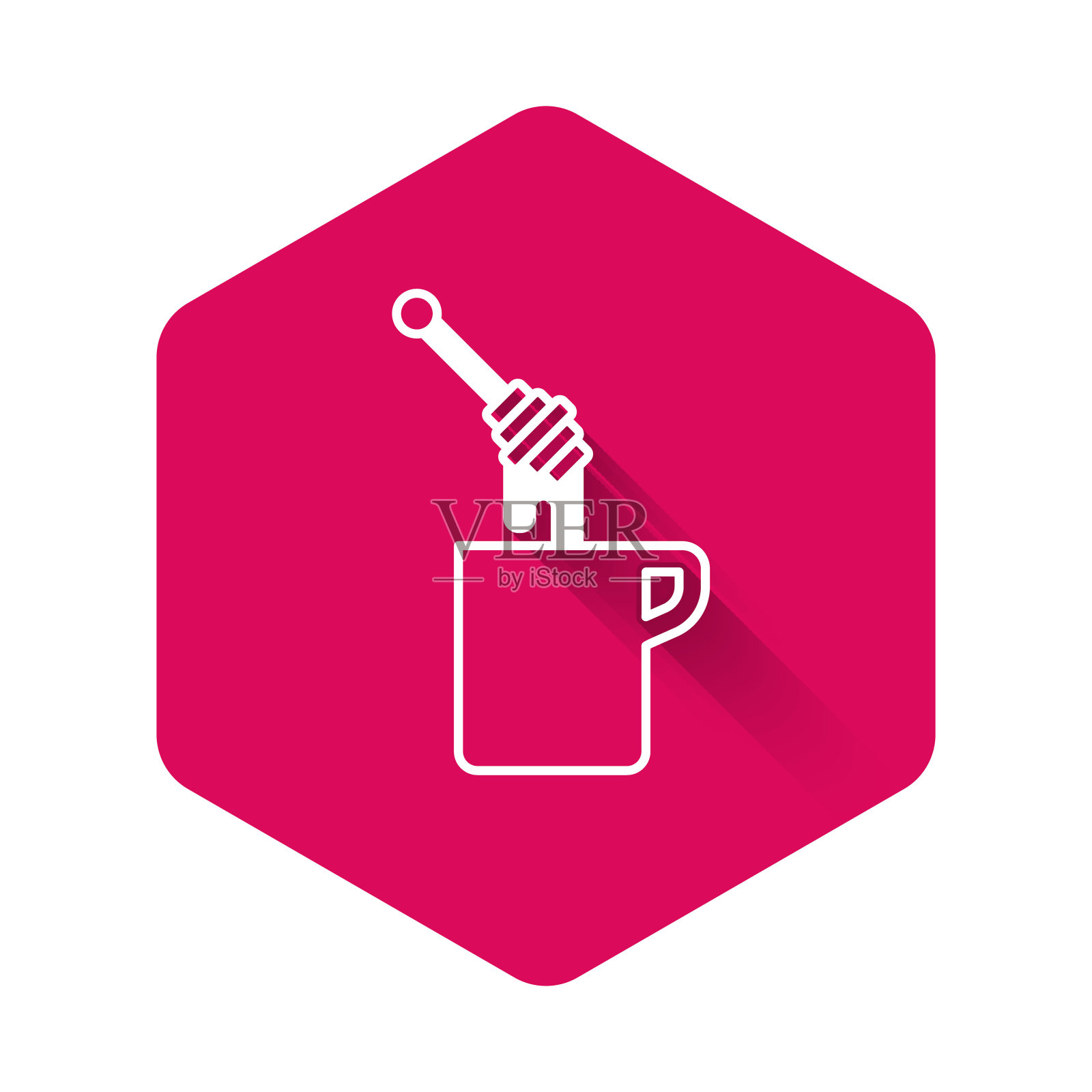 白色的蜂蜜勺棒滴蜂蜜图标与长阴影背景隔离。蜂蜜包。粉红色六边形按钮。向量插画图片素材
