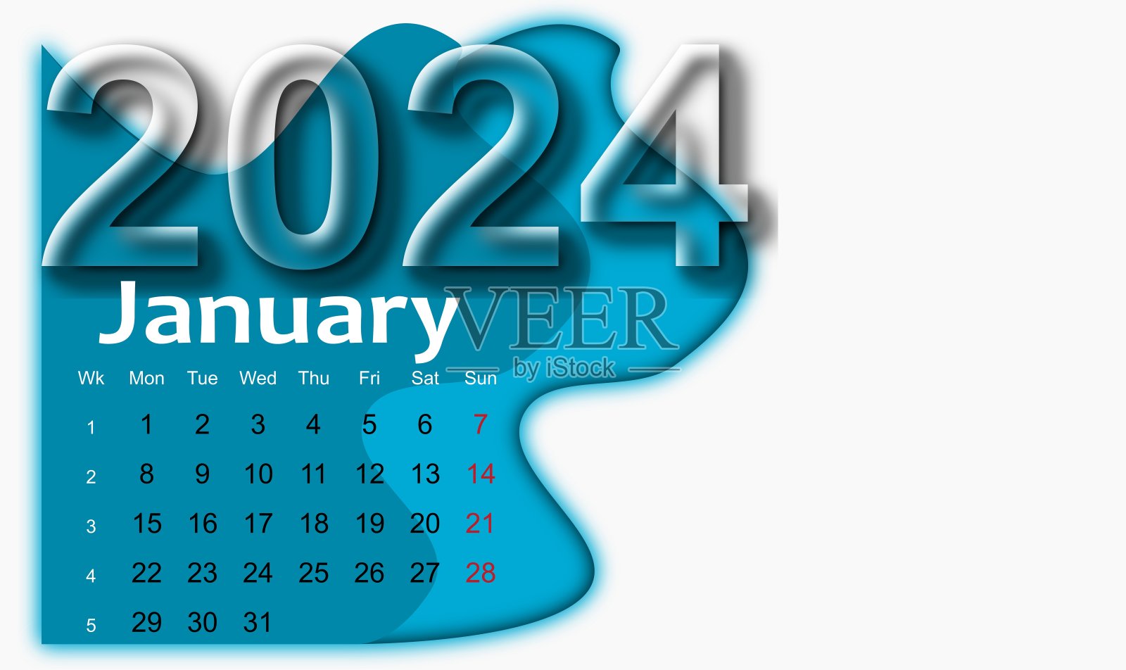 一月桌面日历设计，蓝色为2024年插画图片素材