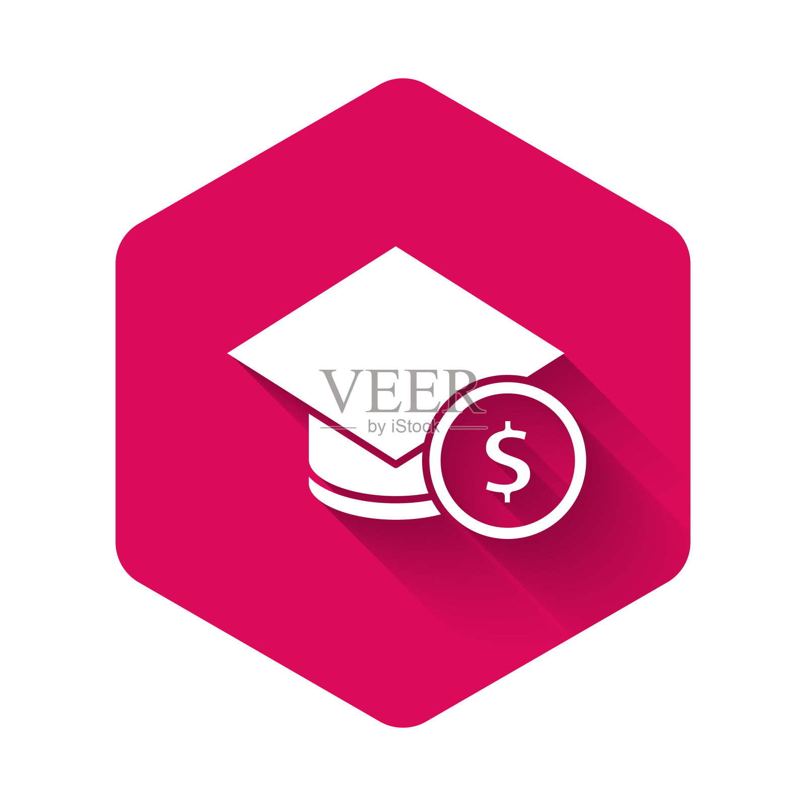 白色毕业帽和硬币图标与长阴影隔离。教育和金钱。奖学金费用或贷款、学费或学杂费的概念。粉红色六边形按钮。向量插画图片素材