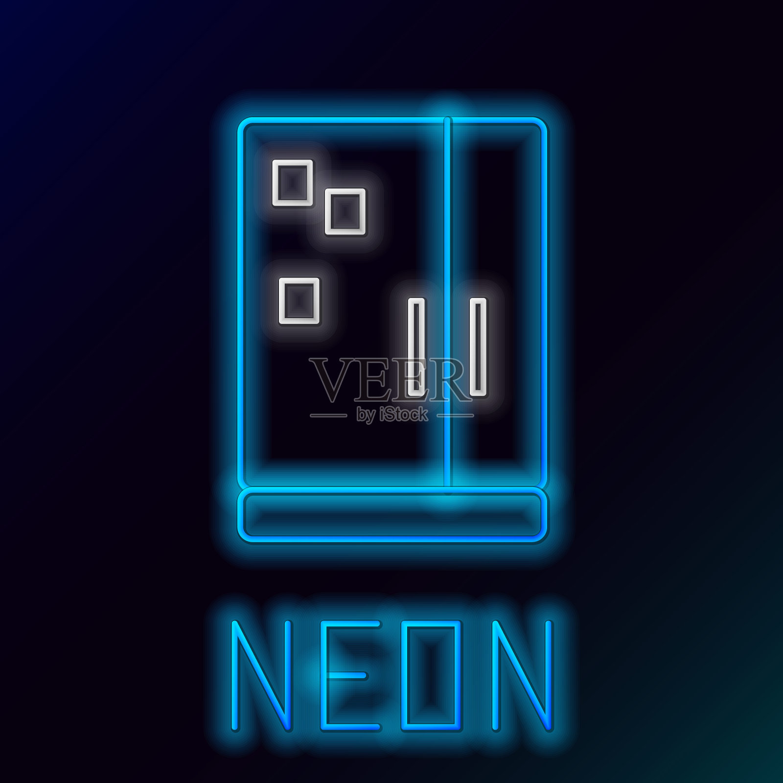 发光的霓虹灯线冰箱图标孤立的黑色背景。冰箱冰柜冰箱。家用科技和电器。色彩缤纷的轮廓概念。向量插画图片素材