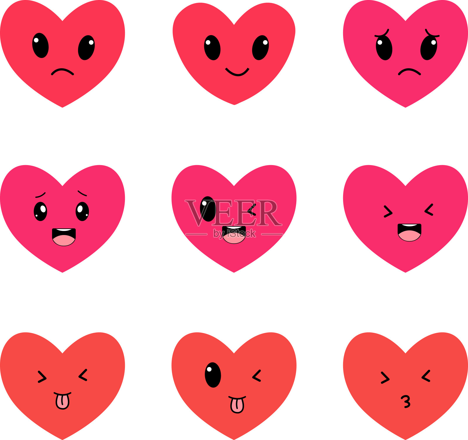 心，爱，浪漫或情人节的红色矢量图标与卡哇伊表情符号的应用程序和网站插画图片素材