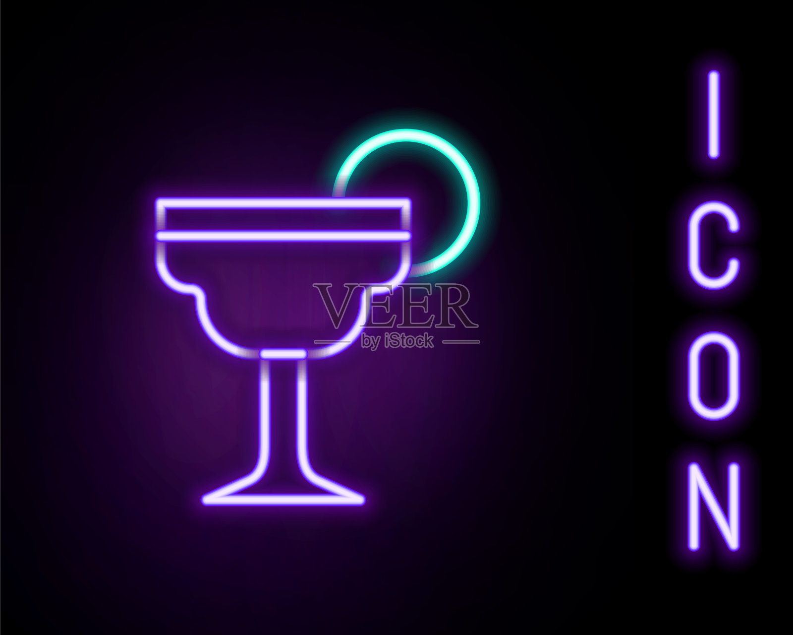 发光的霓虹灯线玛格丽塔鸡尾酒杯与石灰图标孤立的黑色背景。色彩缤纷的轮廓概念。向量插画图片素材