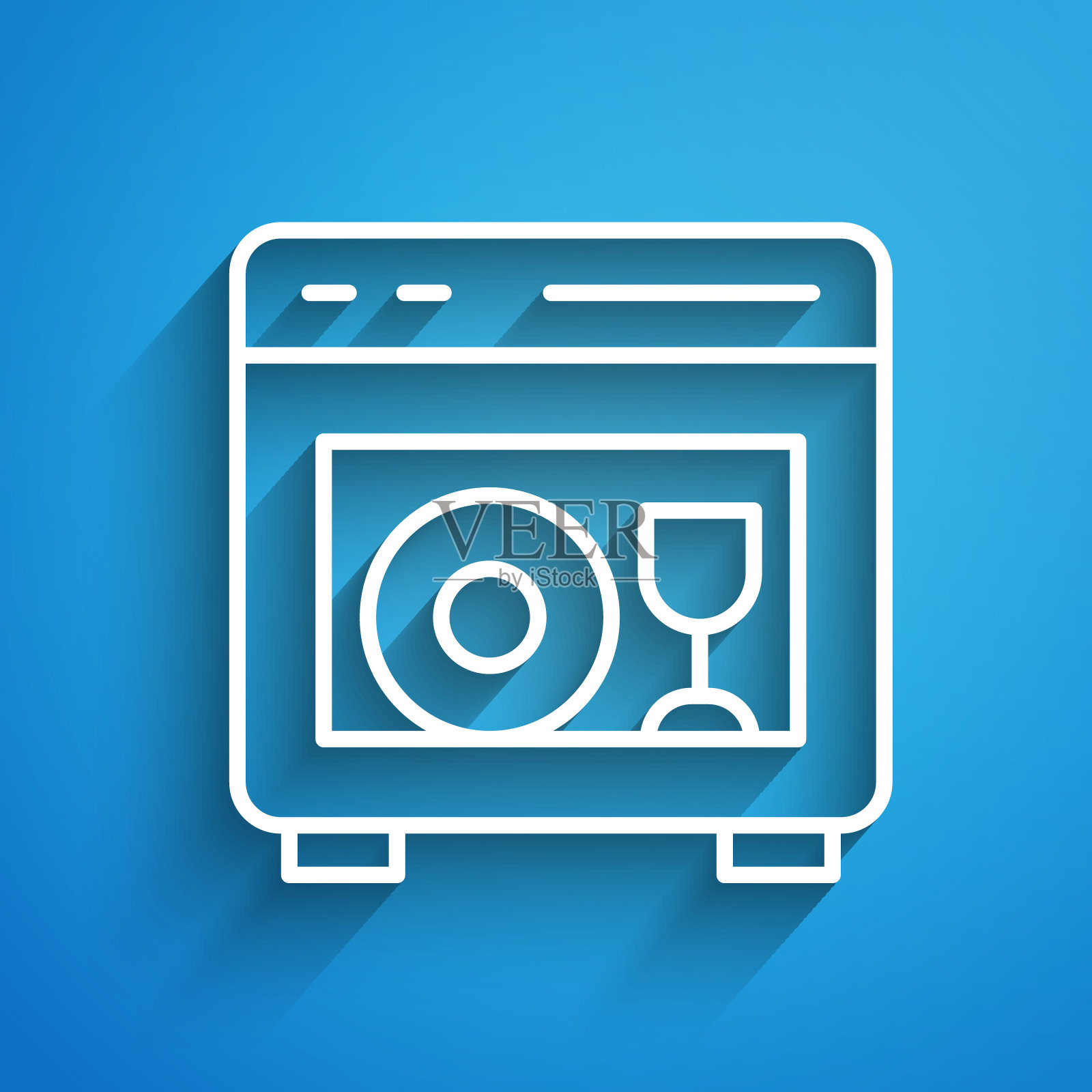 白线厨房洗碗机机器图标隔离在蓝色背景。长长的阴影。向量插画图片素材